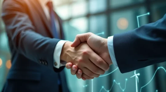 Illustration conceptuelle montrant une poignée de main professionnelle symbolisant la négociation d'un contrat d'énergie, avec des éléments visuels abstraits d'énergie renouvelable et de graphiques de performance énergétique en arrière-plan flou