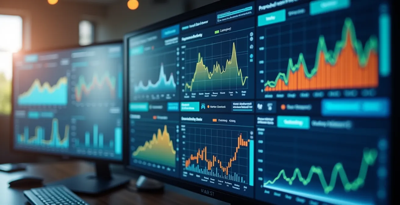 Illustration représentant un tableau de bord digital moderne avec graphiques de consommation et alertes énergétiques