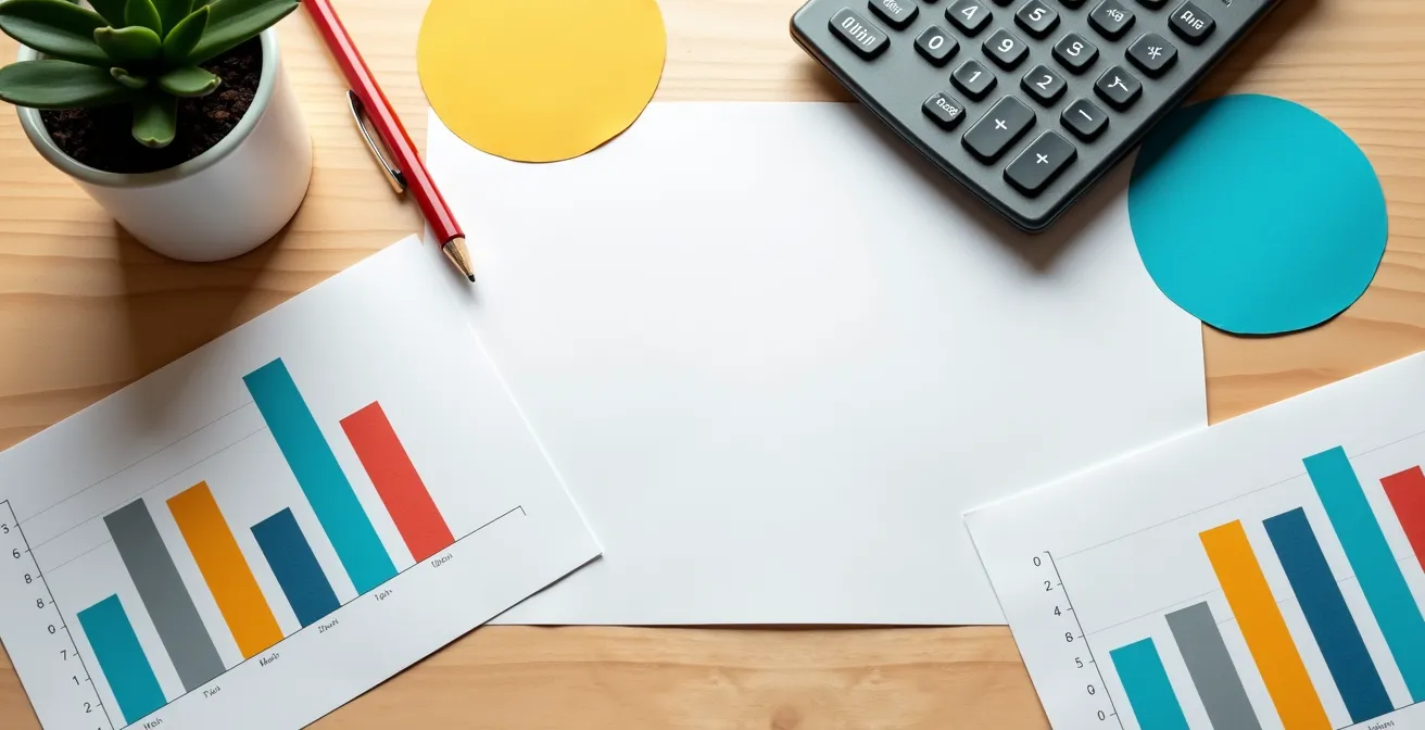 Vue aérienne d'un bureau avec documents de comparaison et calculatrice