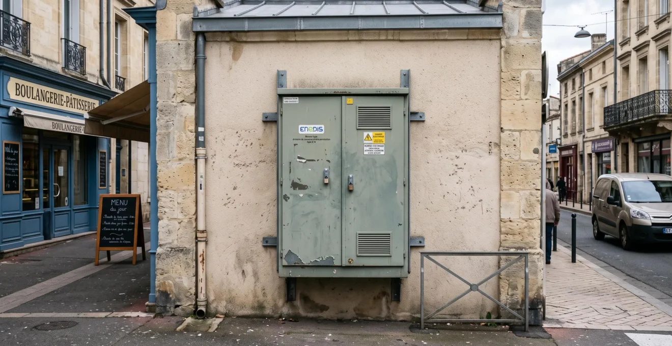 Armoire de distribution électrique Enedis installée sur la façade d'un bâtiment commercial français