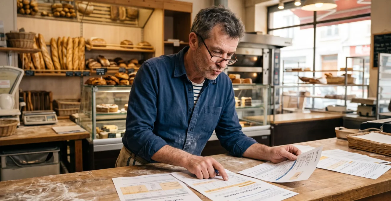 Chef d'entreprise consultant des documents de comparaison d'offres d'électricité dans son établissement commercial