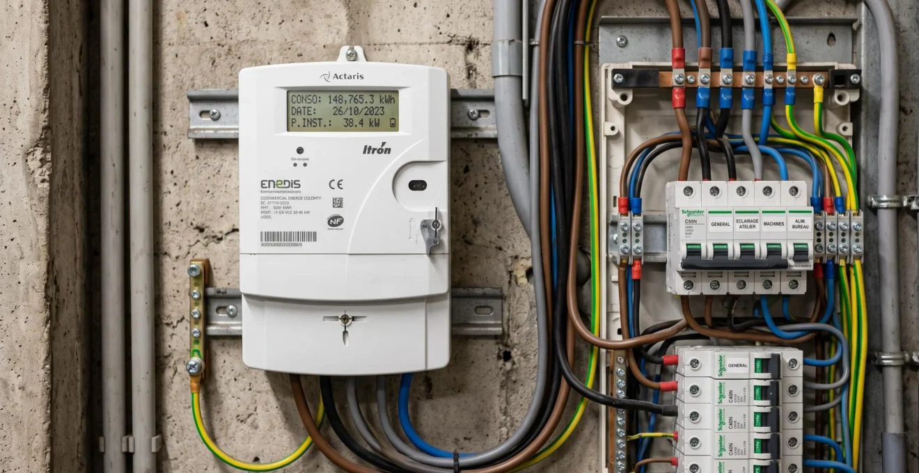 Compteur électrique numérique et tableau de disjoncteurs dans une installation industrielle de PME française
