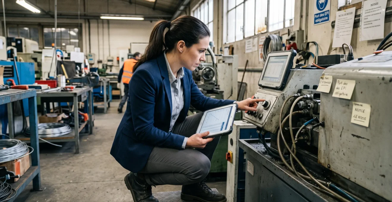Courtier en énergie effectuant un relevé technique sur des équipements industriels dans un atelier de PME