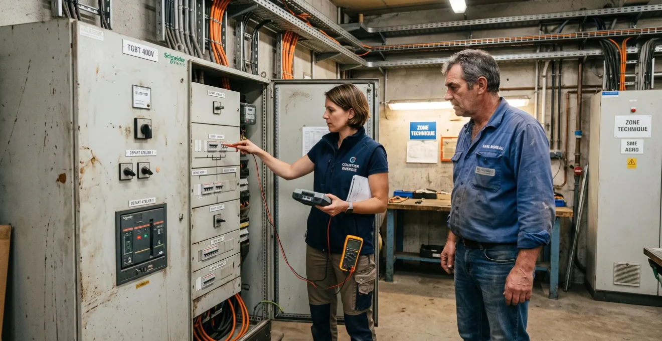 Courtier en énergie inspectant un tableau électrique industriel avec le dirigeant d'une PME dans un local technique
