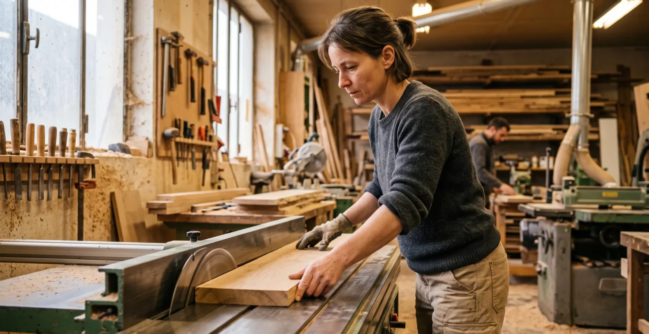 Artisane dirigeante de PME travaillant sur une machine à bois dans son atelier de production régional