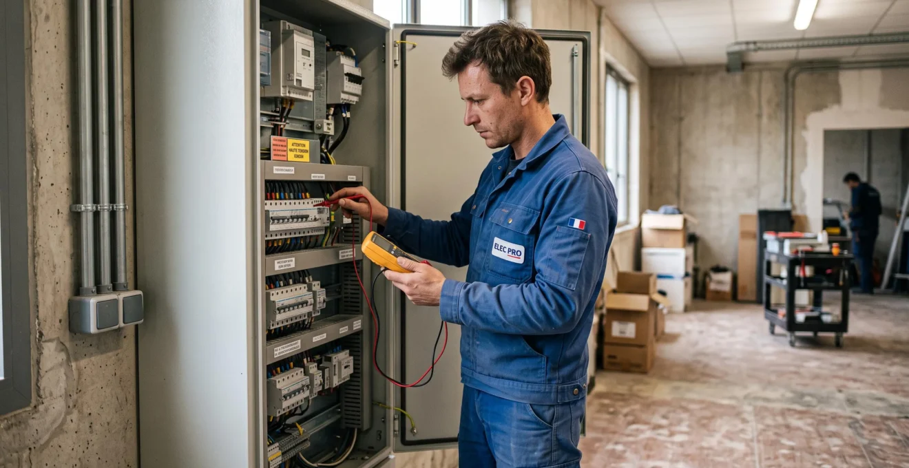 Électricien professionnel inspectant un tableau électrique dans un local commercial français