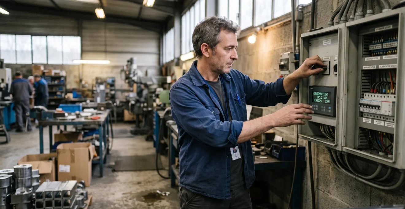 Gestionnaire d'entreprise vérifiant le compteur électrique dans son atelier professionnel