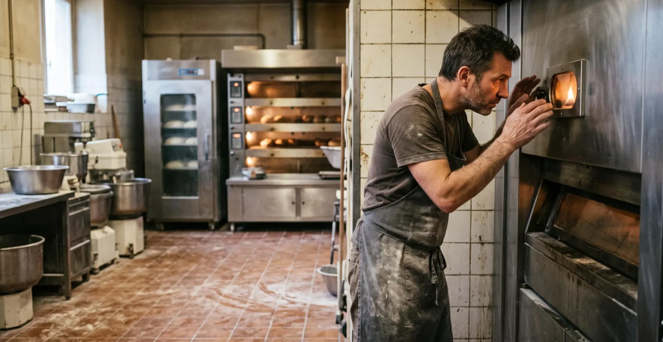 Un ouvrier boulanger vérifie la flamme d'un four à gaz professionnel dans la Fourrière d'une boulangerie.