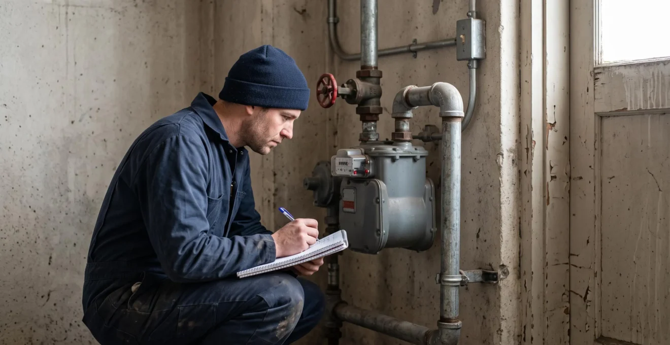 Un technicien relève l'index de consommation sur un compteur de gaz naturel dans une chaufferie d'atelier.