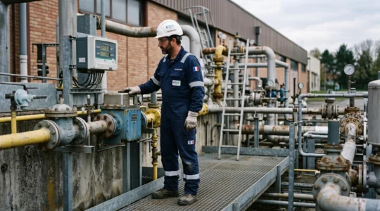 Un technicien relève un compteur de gaz industriel installé sur une canalisation extérieure d'un bâtiment professionnel.