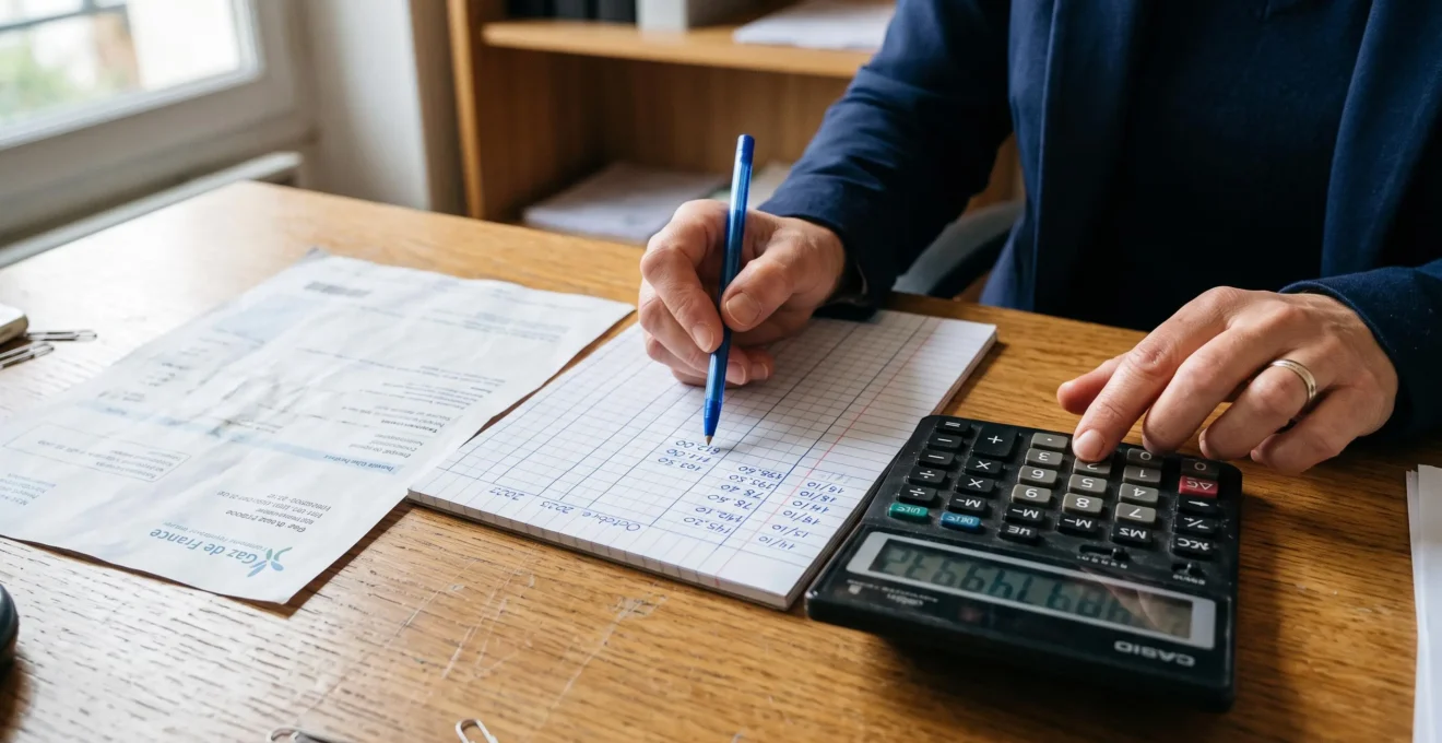 Des mains vérifient à la calculatrice une facture de gaz posée sur un bureau, avec des notes manuscrites à côté.