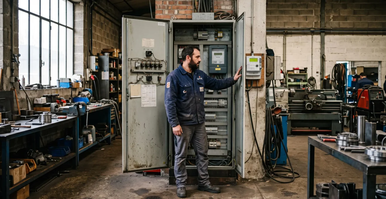 Un électricien consulte le compteur triphasé d'un tableau électrique dans un atelier.
