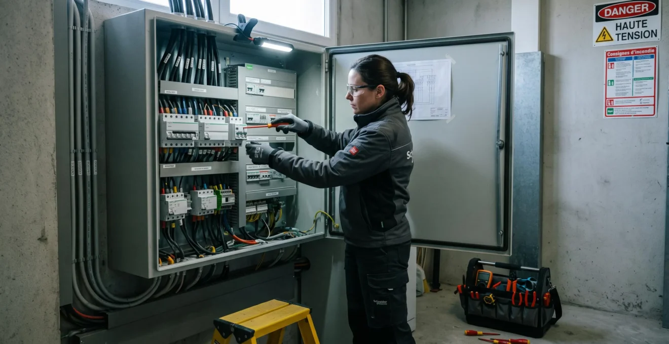 Un installateur manœuvre un disjoncteur dans un coffret électrique triphasé.